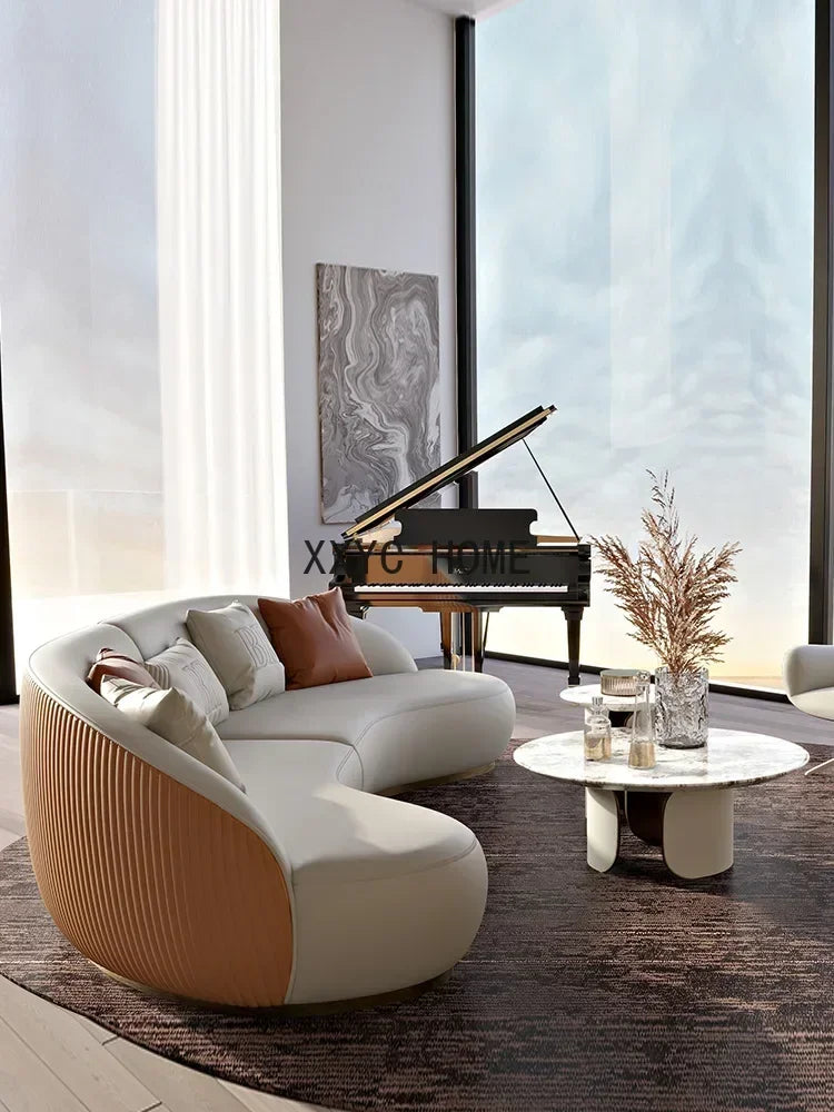 Two-color U-shaped villa leather sofa, modern light luxury semi-curved sofa