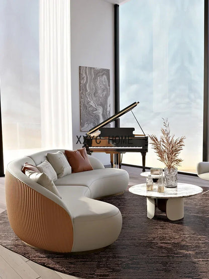 Two-color U-shaped villa leather sofa, modern light luxury semi-curved sofa