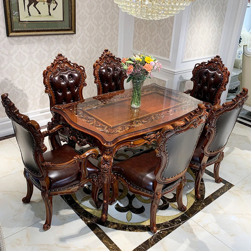 European-style all-solid wood dining table and chairs, living room, luxury villa home square table, French glass dining table, A