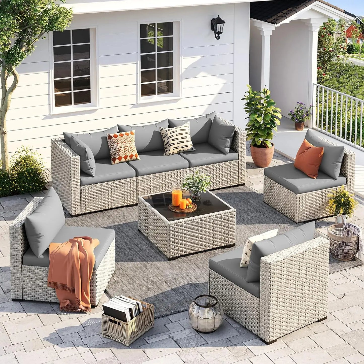 Seven Piece Patio Set, Modular Sectional Sofa Design, Includes Tea Table, PE Wicker Outdoor Conversation Group For Patio Use