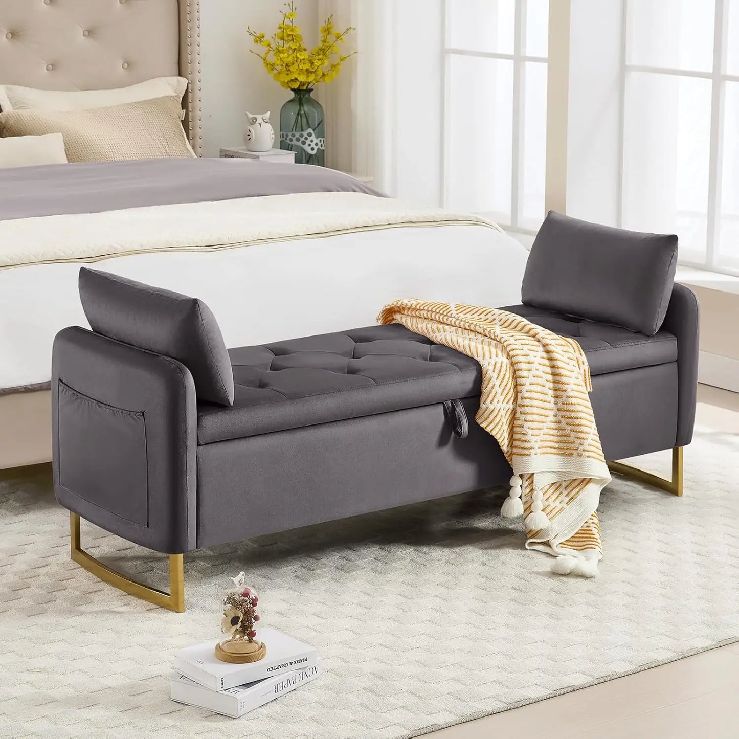 65" Storage Ottoman Bench, End of Bed Storage Bench King Size with Tufted Button Upholstered and Gold Legs, Bedroom Benches with