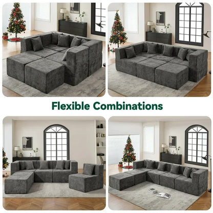 130" Oversized Modular Sectional Sofa for Living Room Furniture, Chenille Cloud Couch with Ottomans, Dark Gray