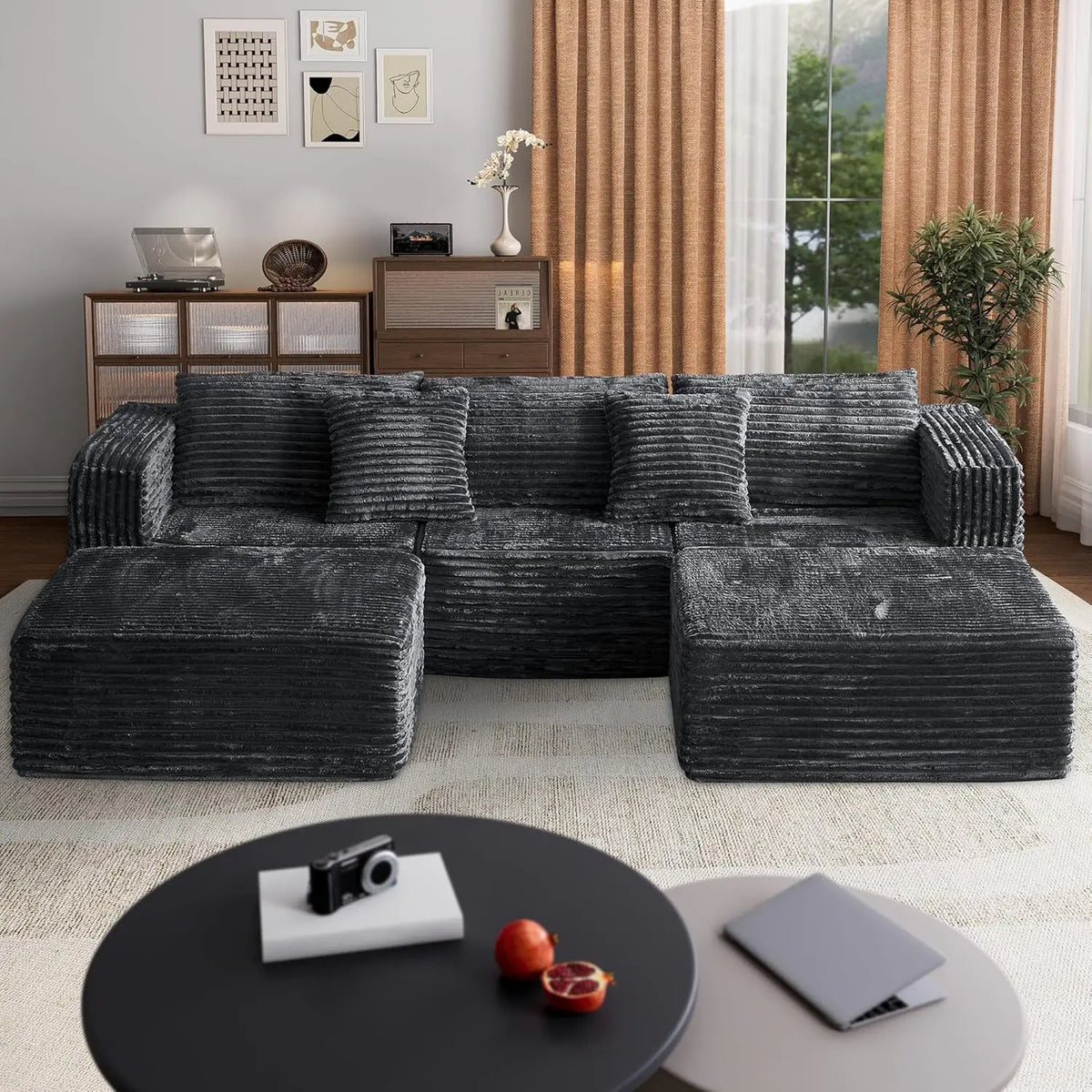 110 Corduroy Modular Sectional Boneless Sofa with 2 Ottomans, Convertible Cloud Couch with Deep Seats, Fluffy Memory Foam U Shap