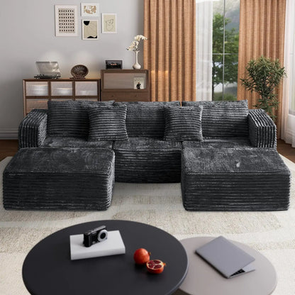 110 Corduroy Modular Sectional Boneless Sofa with 2 Ottomans, Convertible Cloud Couch with Deep Seats, Fluffy Memory Foam U Shap