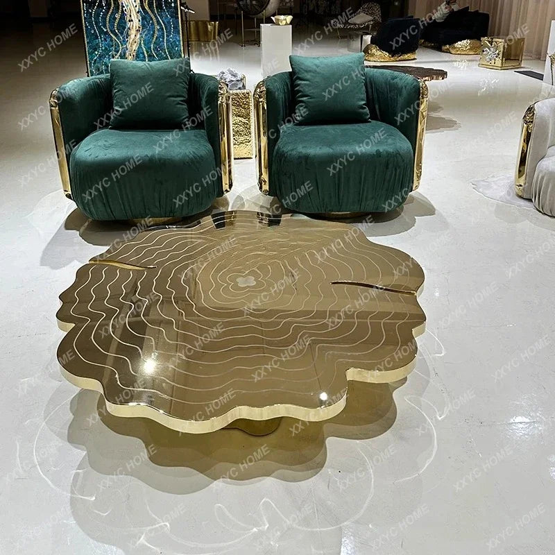 Italian light luxury round coffee table high-end villa living room stainless steel heterosexual etching
