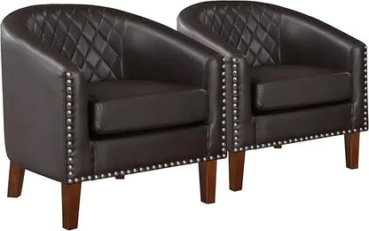 Nordic luxury Comfy Barrel Accent Chair Set, Grid Backrest Diamond, Faux Leather with Cushion for Living Room Club