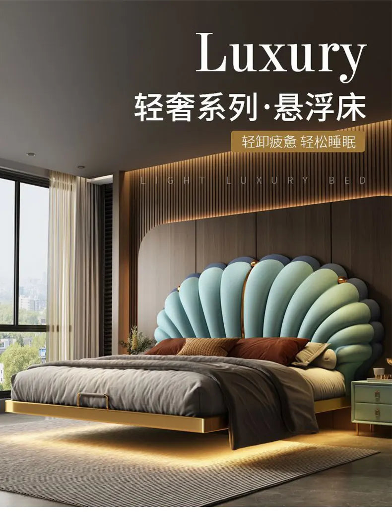 Luxury Beds 2 People Frame Floating Light Luxury Leather LED Lamp Double Bed Pink And Blue Queen Bed Frames Bedroom Furniture