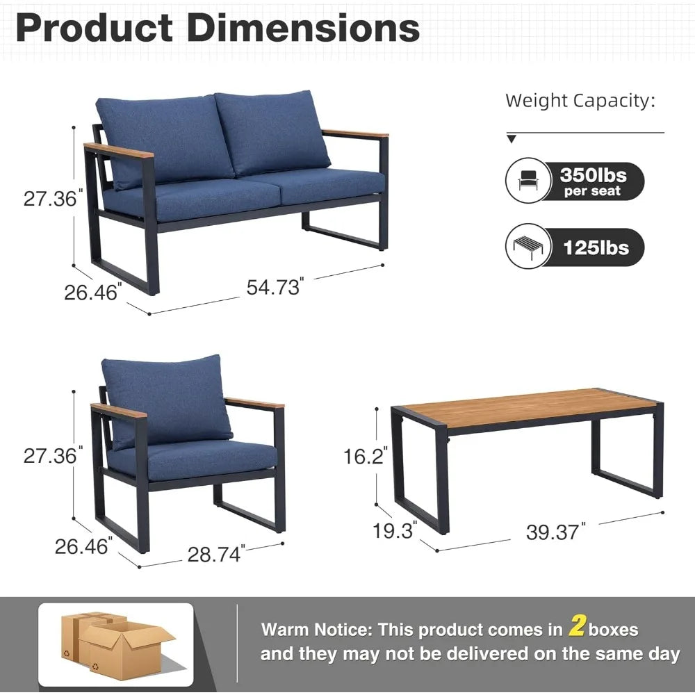 Patio Furniture Set, 4 Pieces Outdoor Patio Furniture with Coffee Table Set, Metal Patio Conversation Sets with Washable