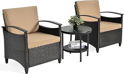 3 Pieces Rattan Wicker Patio Conversation Set with Coffee Table, Cushions, Sturdy Steel Frame, Outdoor Furniture Set
