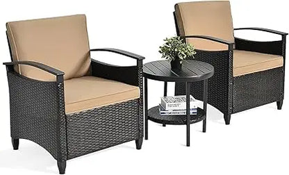 3 Pieces Rattan Wicker Patio Conversation Set with Coffee Table, Cushions, Sturdy Steel Frame, Outdoor Furniture Set