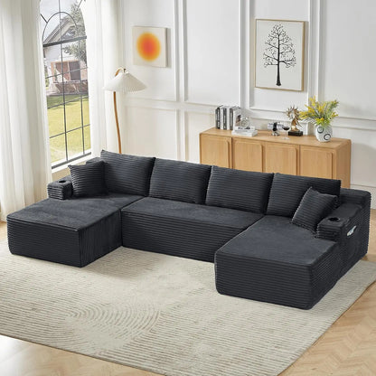 133.5" Boneless Sectional Couch with Cup Holder, U Shaped Sofa with Chaise, Oversized Modular Couch with Deep Seat, Comfy Cordur