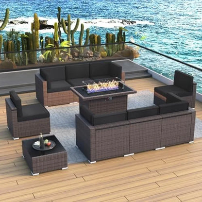 brown rattan outdoor patio furniture set with 44" fire pit and sectional sofa for conversation