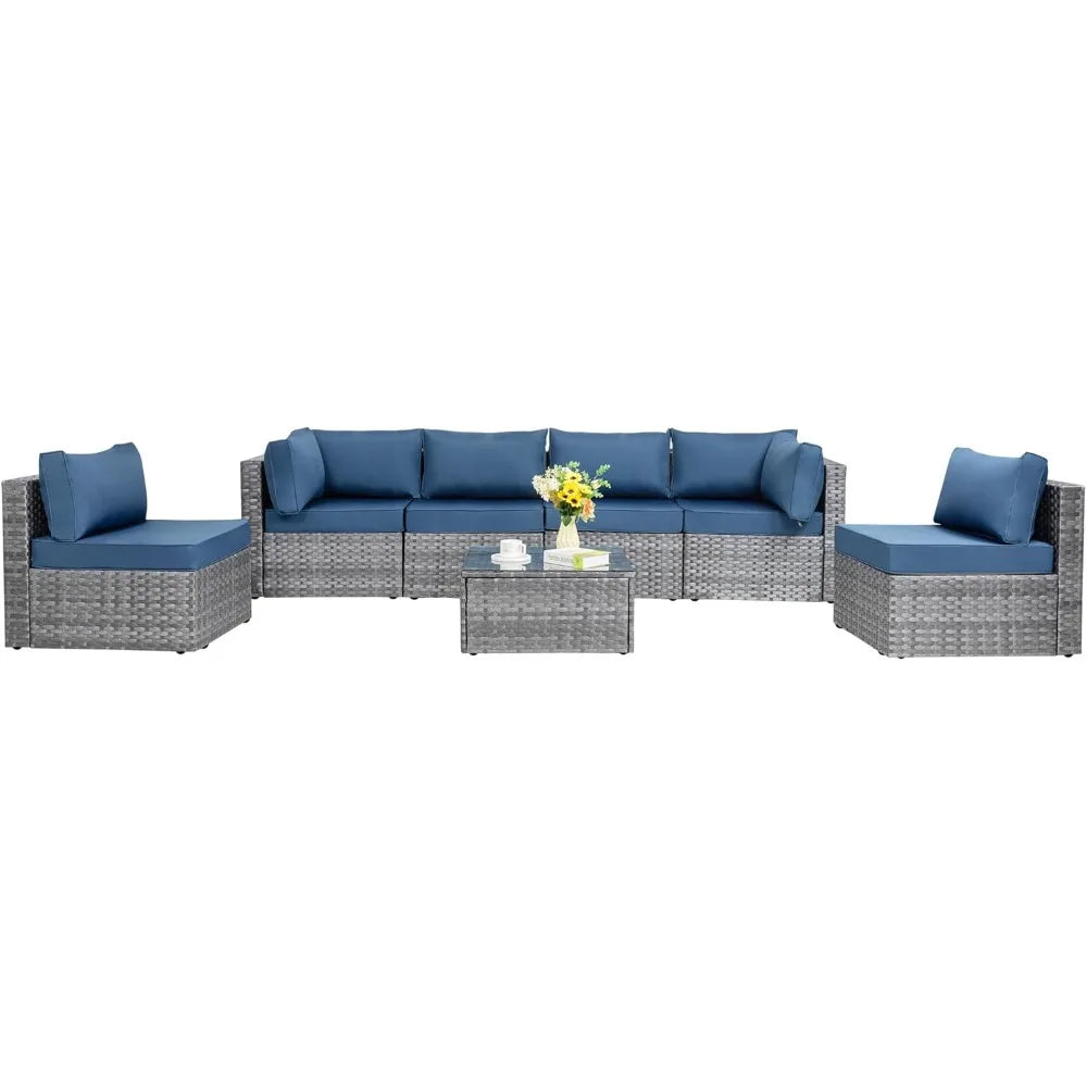 7 Pieces Outdoor Patio Sectional Sofa Couch, Silver Gray PE Wicker Furniture Conversation Sets with Washable Cushions & Glass C