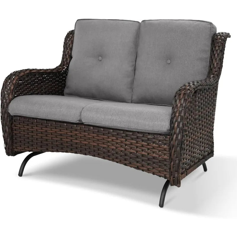 Patio Loveseat Wicker Loveseat Rattan Glider Sofa with Curved Armrest Thicking Back & Seat Cushions for Garden Balcony Backyard