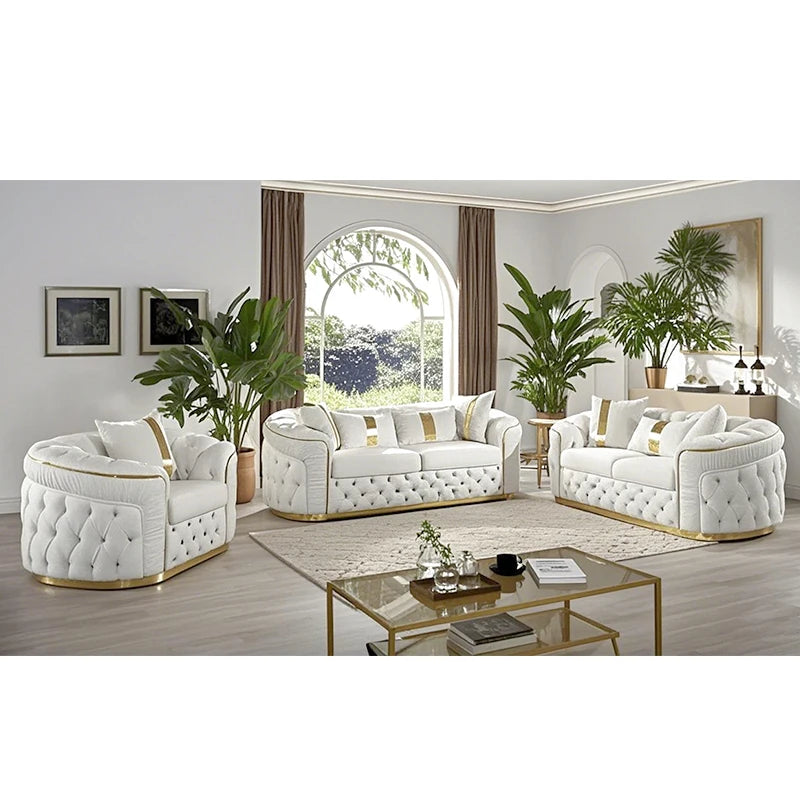 Factory direct sales European luxury rose gold legs white chesterfield sofa velvet fabric button tufted living room sofa