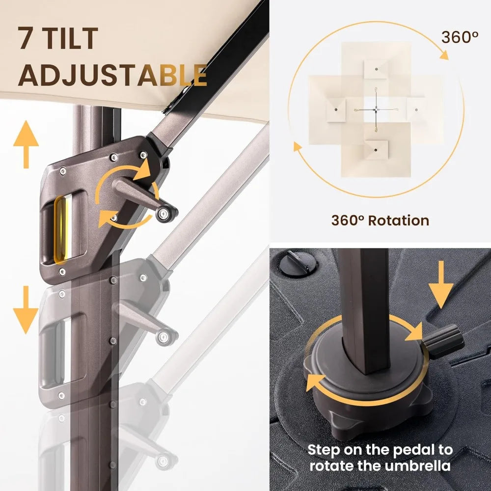 10 X 13 FT Cantilever Patio Umbrella Outdoor Heavy Duty Double Top Windproof Rectangle Offset Umbrellas with 360-degree Rotation