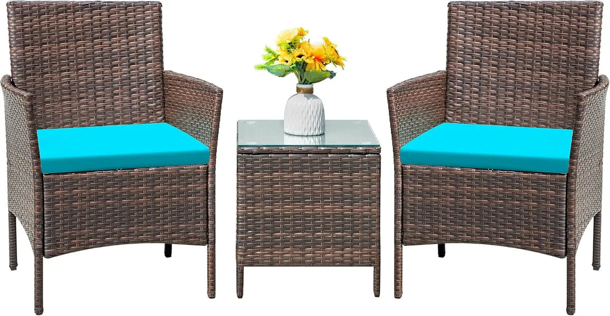 Set 3 Pieces All-Weather Rattan Outdoor Furniture Patio Chairs with Tempered Glass Table for Porch Bistro Balcony (Brown/Cream)