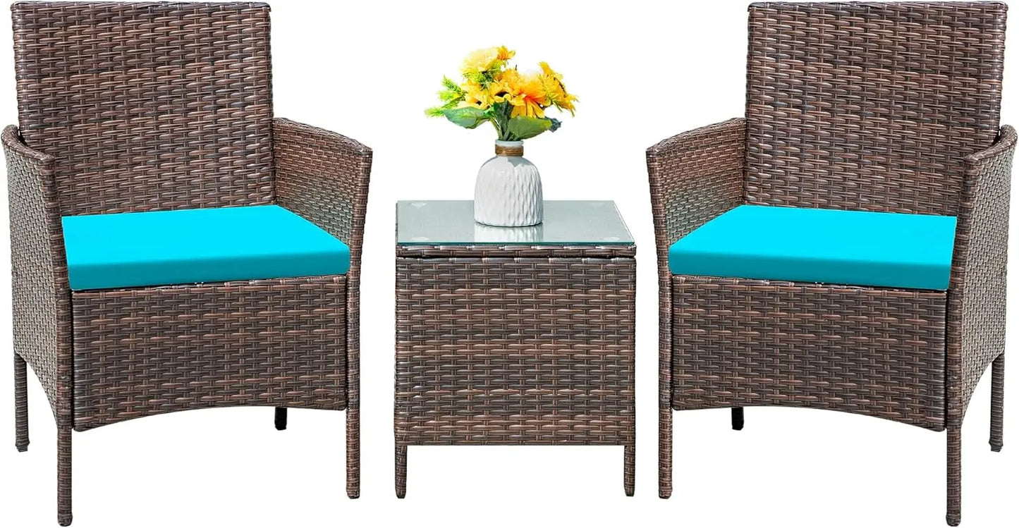 Set 3 Pieces All-Weather Rattan Outdoor Furniture Patio Chairs with Tempered Glass Table for Porch Bistro Balcony (Brown/Cream)