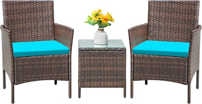 Set 3 Pieces All-Weather Rattan Outdoor Furniture Patio Chairs with Tempered Glass Table for Porch Bistro Balcony (Brown/Cream)