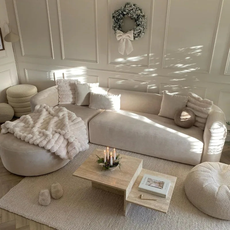 Modern Velvet L-Shaped Sofa, Luxury Curved Back with Left Chaise (Cream)