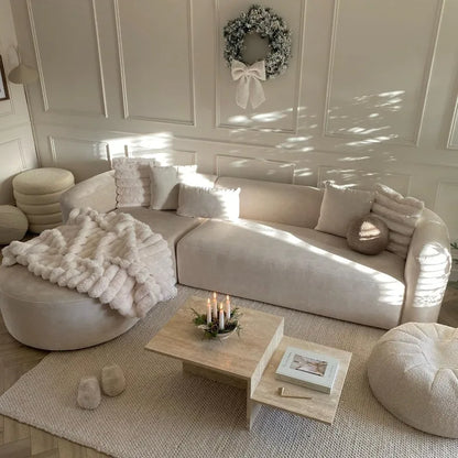 Modern Velvet L-Shaped Sofa, Luxury Curved Back with Left Chaise (Cream)