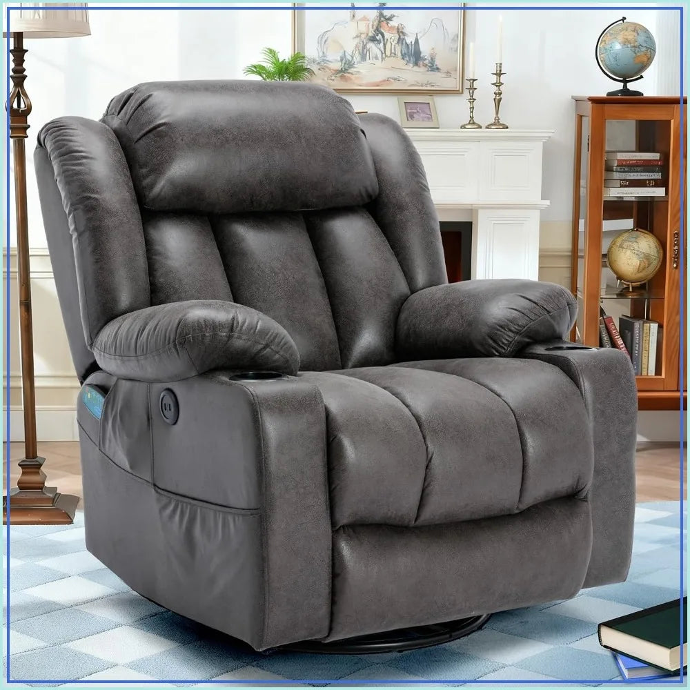360° Swivel Rocker Recliner Chair Heat Massage Manual Glider Reclining USB Ports Grey