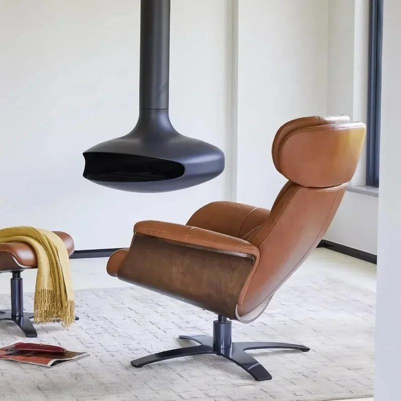 Leather Reclining Swivel Chair with Adjustable Headrest and Ottoman for Living Room, Saddle Color, Arm Rest, Cushion Included