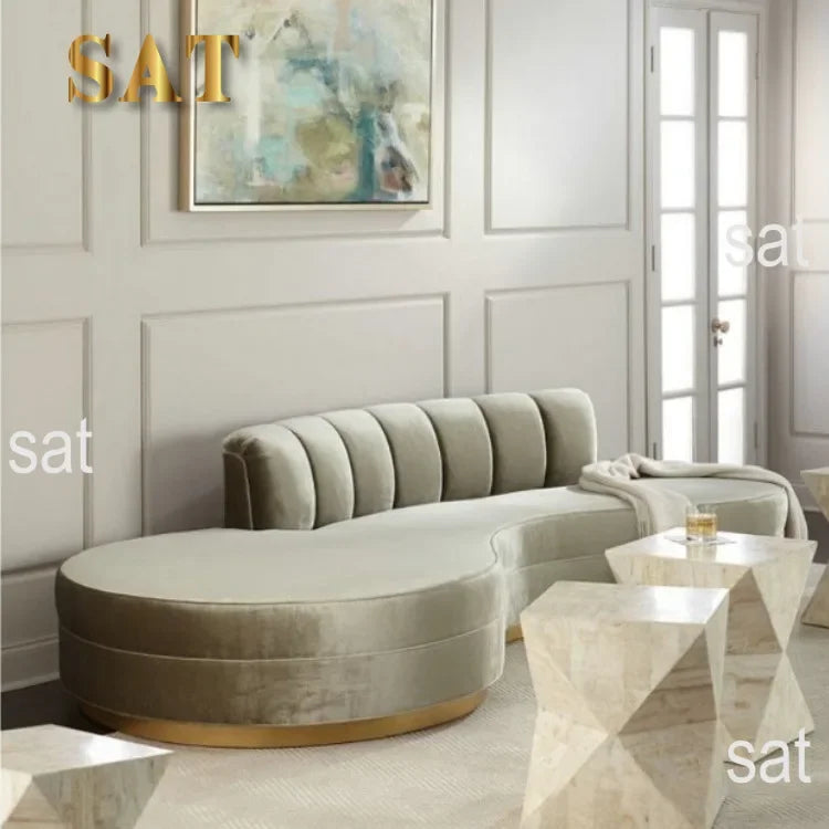 -Luxury Living Room Gold Stainless Steel Curved Sofa Velvet Upholstered Hotel Home Sofa