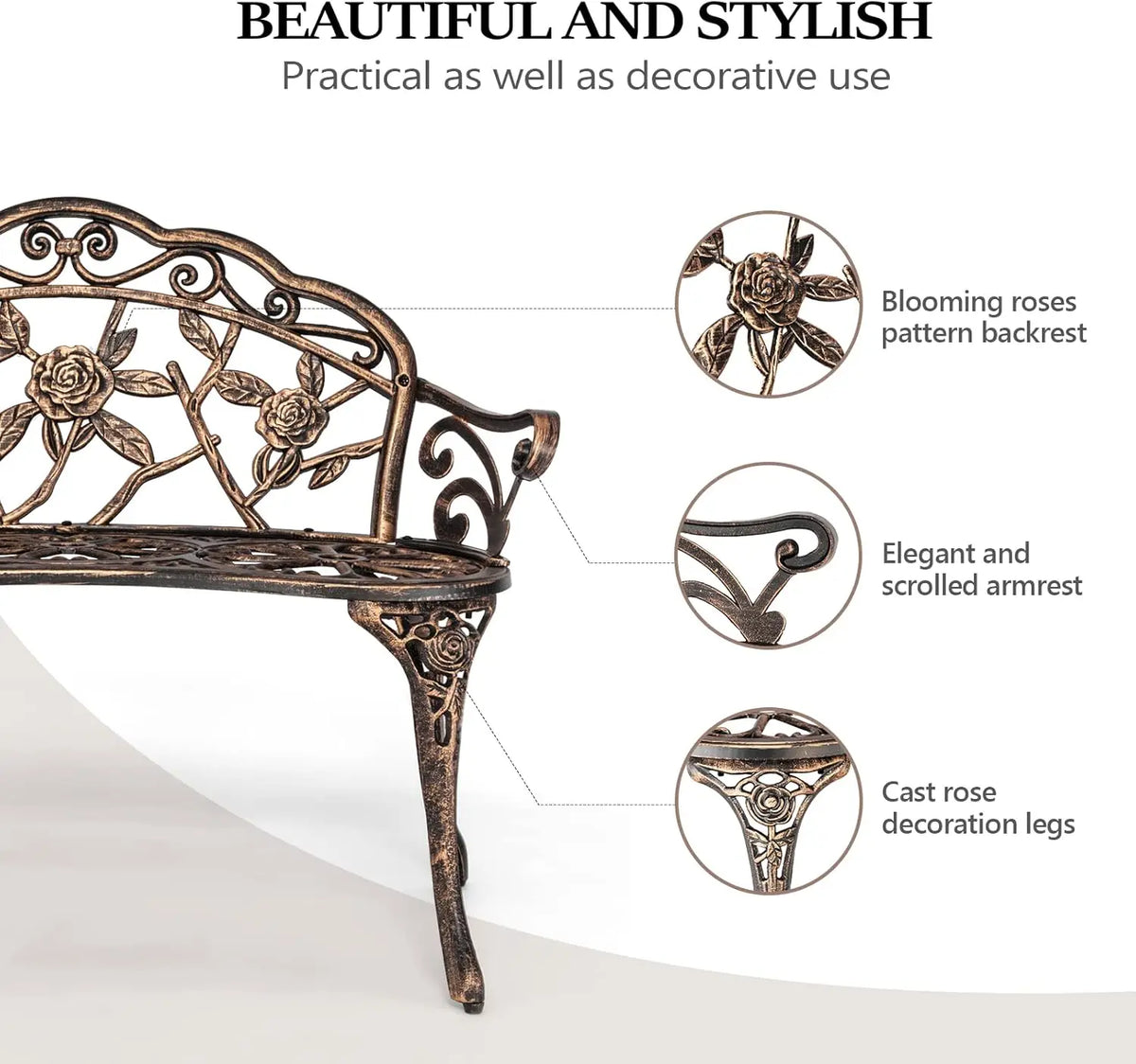 Antique Bronze Garden Bench for Two, Cast Iron Frame with Weather-Resistant Finish, Perfect for Outdoor Patio Decor