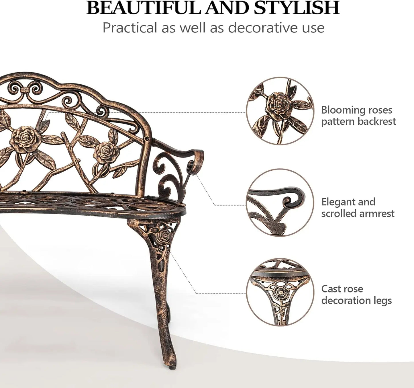 Antique Bronze Garden Bench for Two, Cast Iron Frame with Weather-Resistant Finish, Perfect for Outdoor Patio Decor