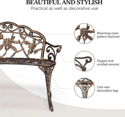 Antique Bronze Garden Bench for Two, Cast Iron Frame with Weather-Resistant Finish, Perfect for Outdoor Patio Decor
