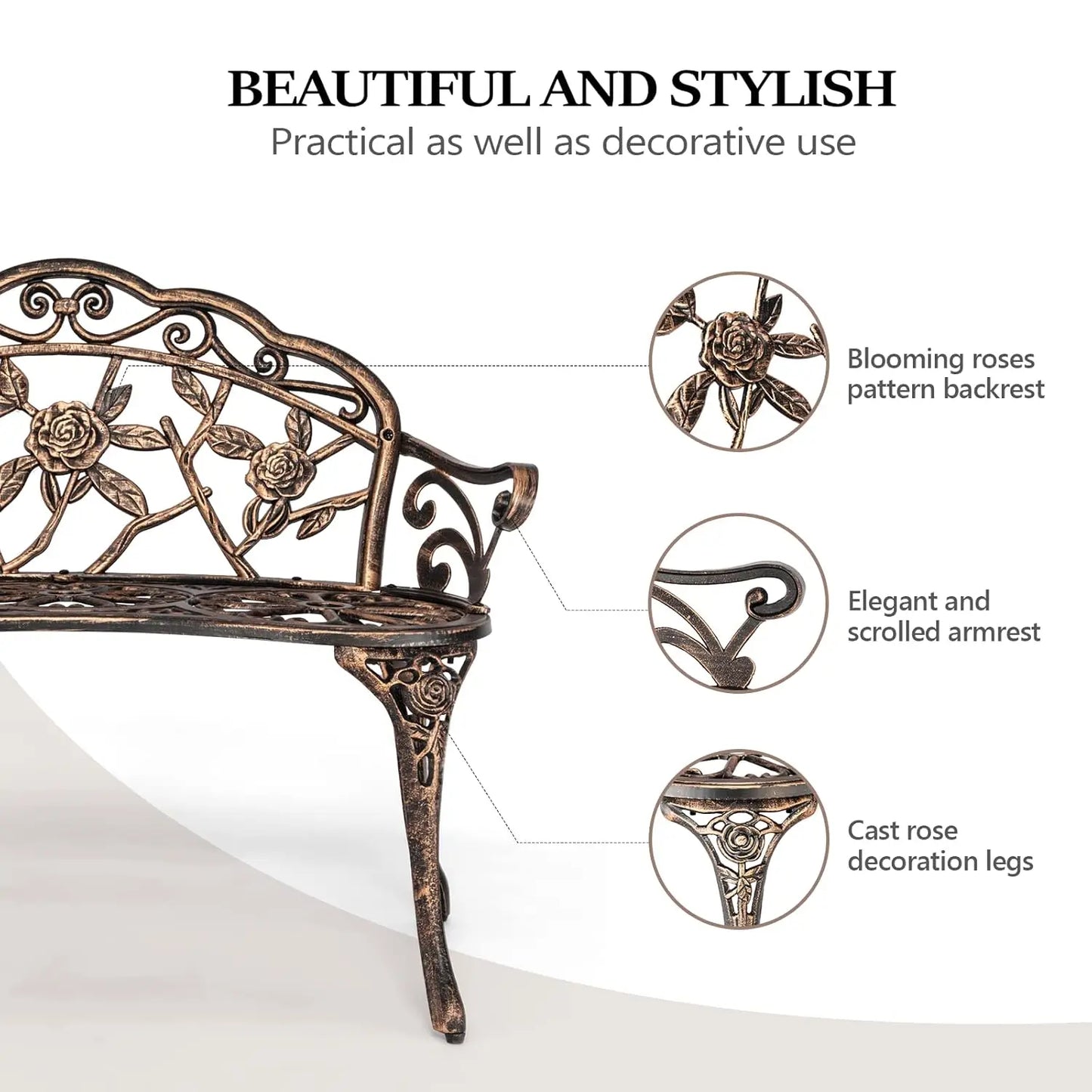 38.5" Patio Park Garden Outdoor Metal Rose Bench, 2-Person Cast Iron Cast Aluminium Frame Antique Finish Chair,Accented Lawn Fro