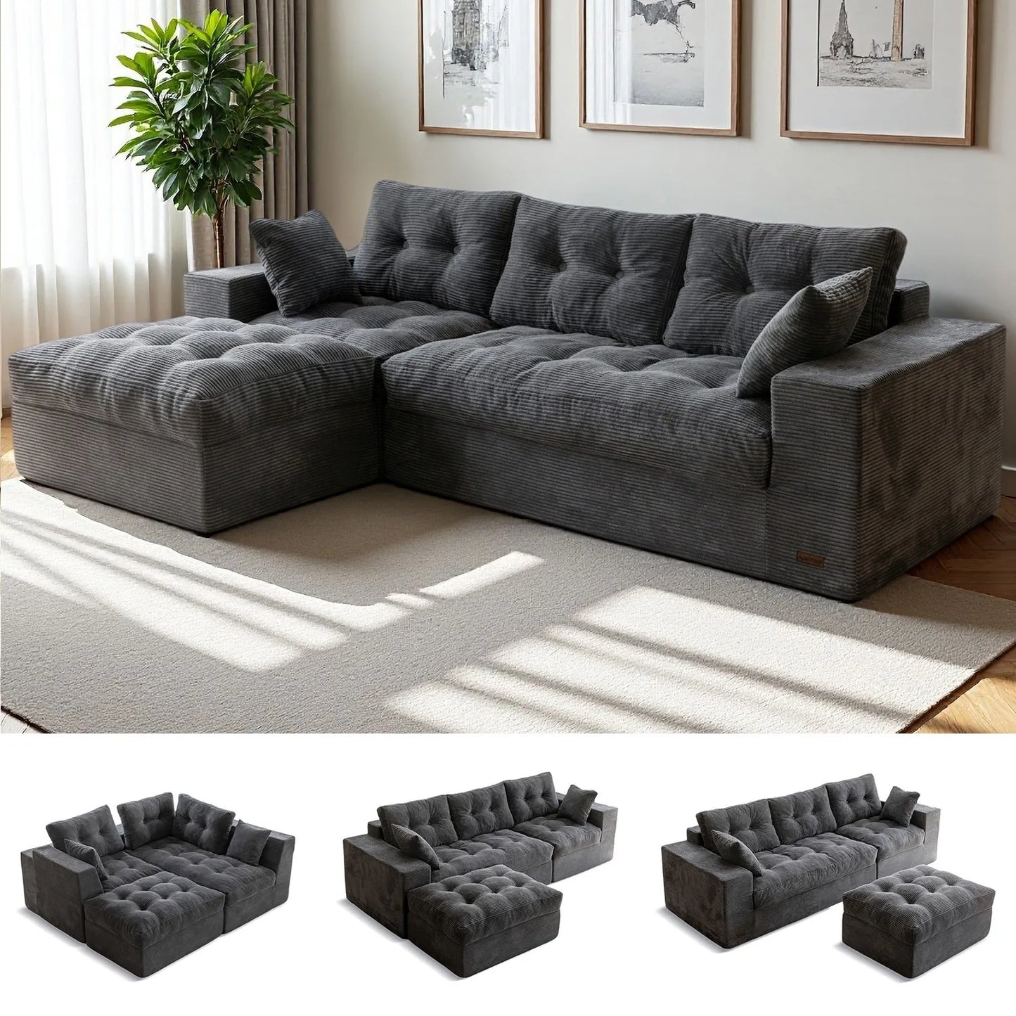 L-Shaped 104"Modular Sectional Cloud Couch with Ottoman,Oversized Boneless Couch