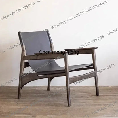 A178  High-end Leather Chair, Danish Leisure Single Back Chair, Solid Wood Saddle Leather Armchair, Home Balcony Leisure Chair