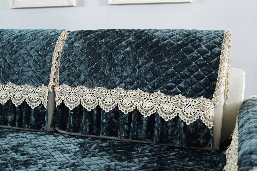 Embroidery Lace Sofa Cushion Gold Velvet Hemline Sofa Cover Autumn Winter European Couch Cover Solid Color Checkered Sofa Mat