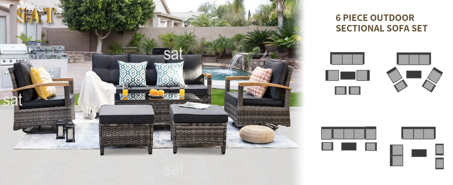 A  6 Pieces Outdoor Rattan Furniture Sets with 2 Wood Armrests Swivel Rocker Chairs, 2 Ottoman, 3-Seat Sofa and Coffee Table