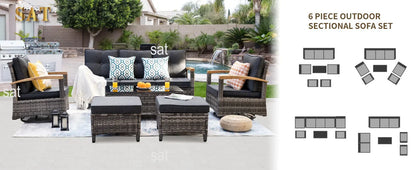 A  6 Pieces Outdoor Rattan Furniture Sets with 2 Wood Armrests Swivel Rocker Chairs, 2 Ottoman, 3-Seat Sofa and Coffee Table