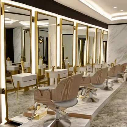Luxury Gold Frame Barber Station LED Big Best Selling Table Cabinet Salon Mirror with Chair