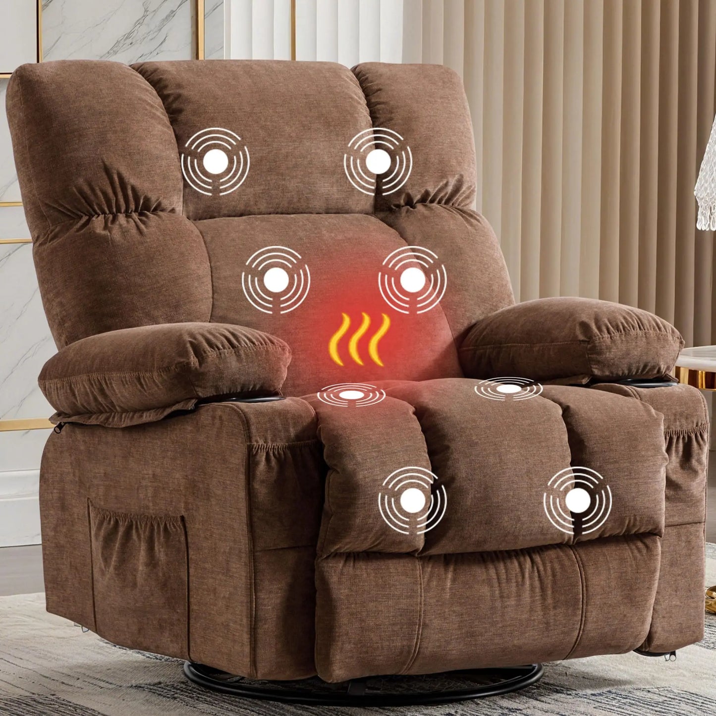 MAHOMICO Recliner Chair Oversized Swivel Rocker with Vibration Massage & Lumbar Heating, 360° Swivel, USB Charging Port