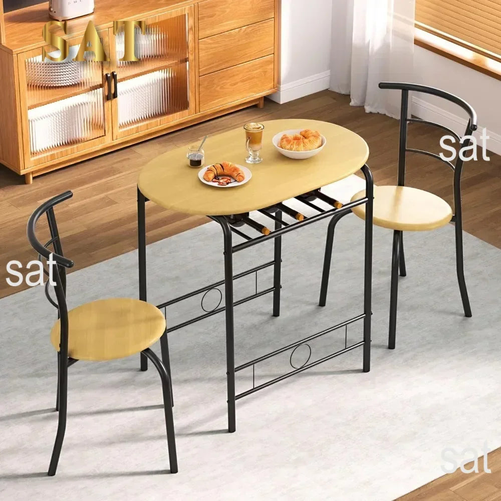 v 3 Piece Small Round Dining Table Set for Kitchen Breakfast Nook, Wood Grain Tabletop with Wine Storage Rack, Save Space, 31.
