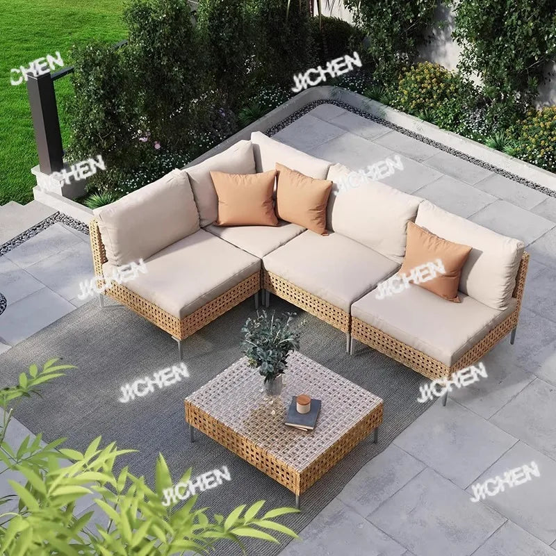 XJC Outdoor Rattan Sofa Combination Bed And Breakfast Balcony Courtyard Outdoor Open-air Garden Sun Room Leisure Small
