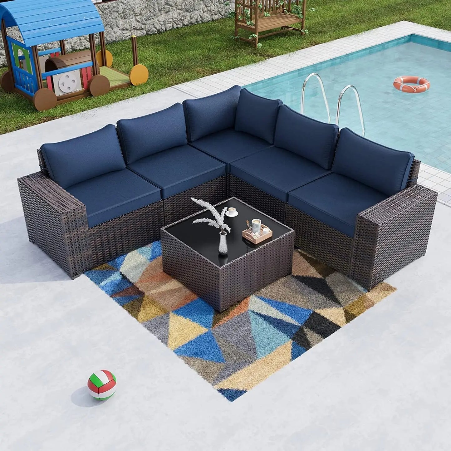 6PCS Outdoor Patio Furniture Set PE Wicker Rattan Sectional Sofa Patio Conversation Sets, Customized