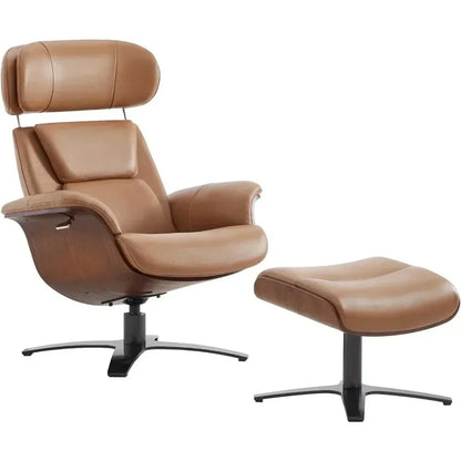 Leather Reclining Swivel Chair with Adjustable Headrest and Ottoman for Living Room, Saddle Color, Arm Rest, Cushion Included