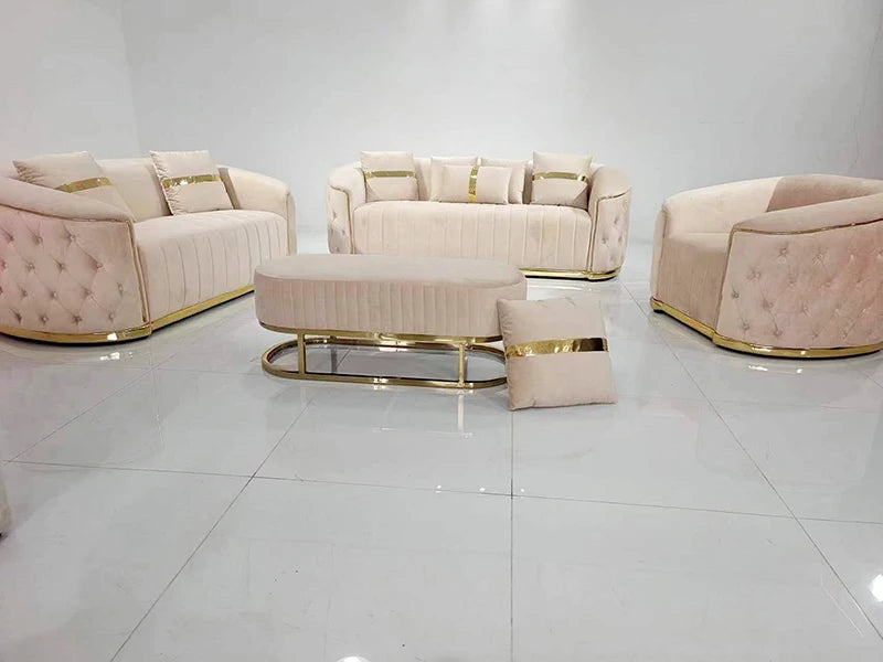 Modern Living Room Furniture Luxury Metal Frame 3 2 1 Seater Sectional White Velvet Fabric Sofa Set