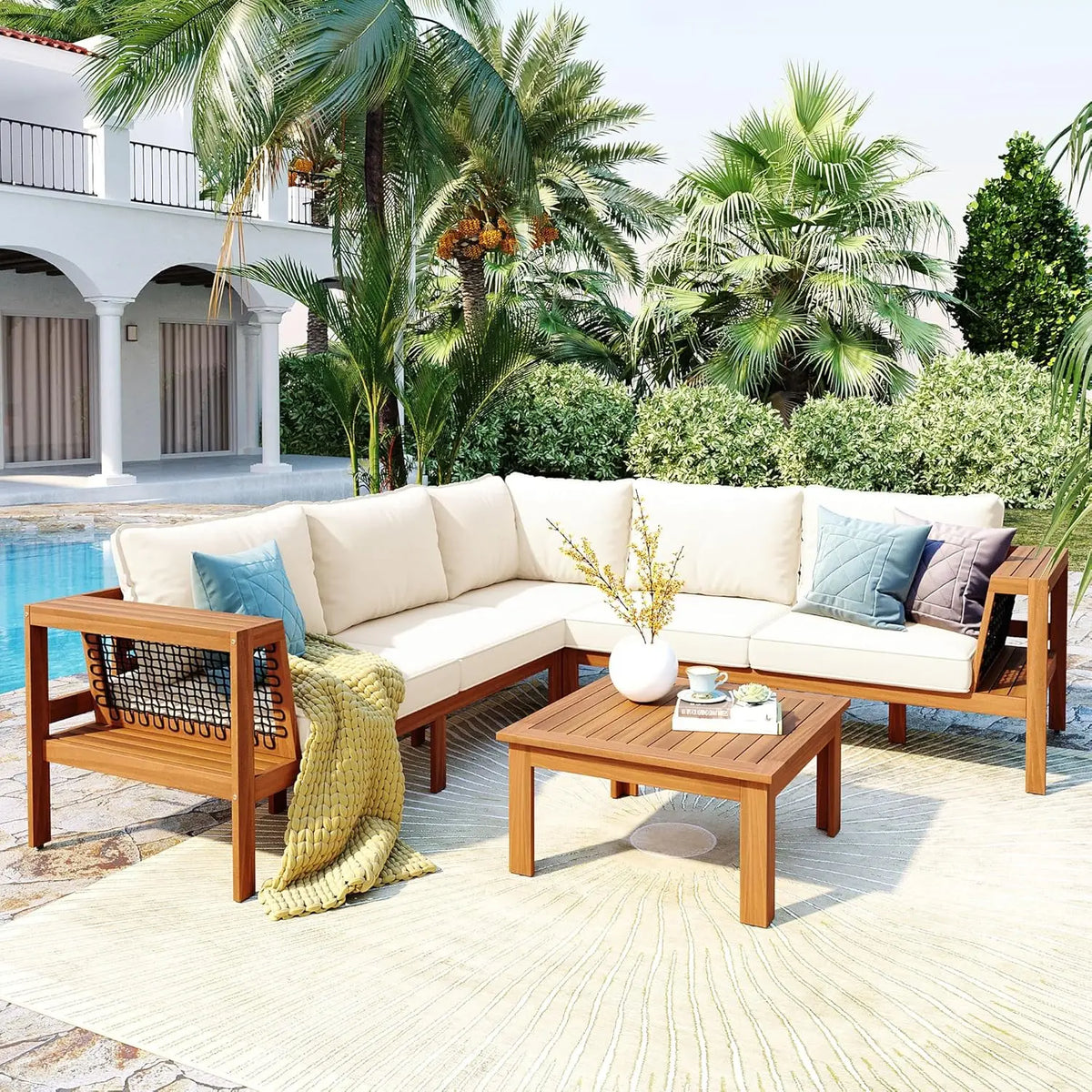 Acacia Wood 4pc Outdoor Sectional Sofa Set with Cushions and Slatted Design - Modern Patio, Deck & Garden Seating, Customized