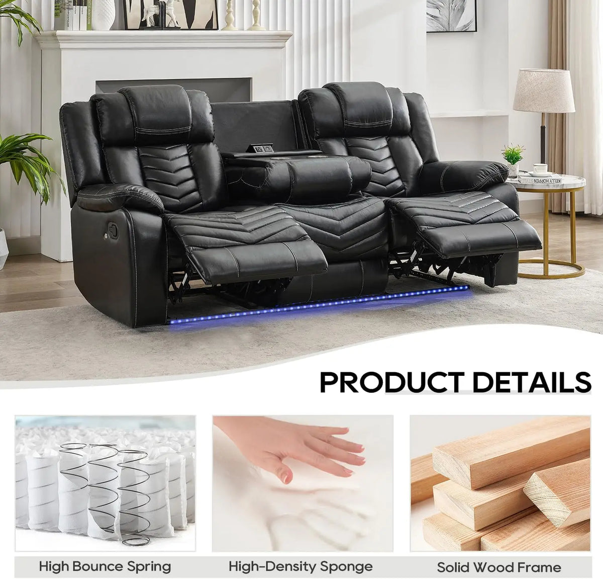 3 Seats Manual Reclining Sofa with Wireless Charger,LED Floor Lights, Drop-down Table, USB/Type-C Port (M073)
