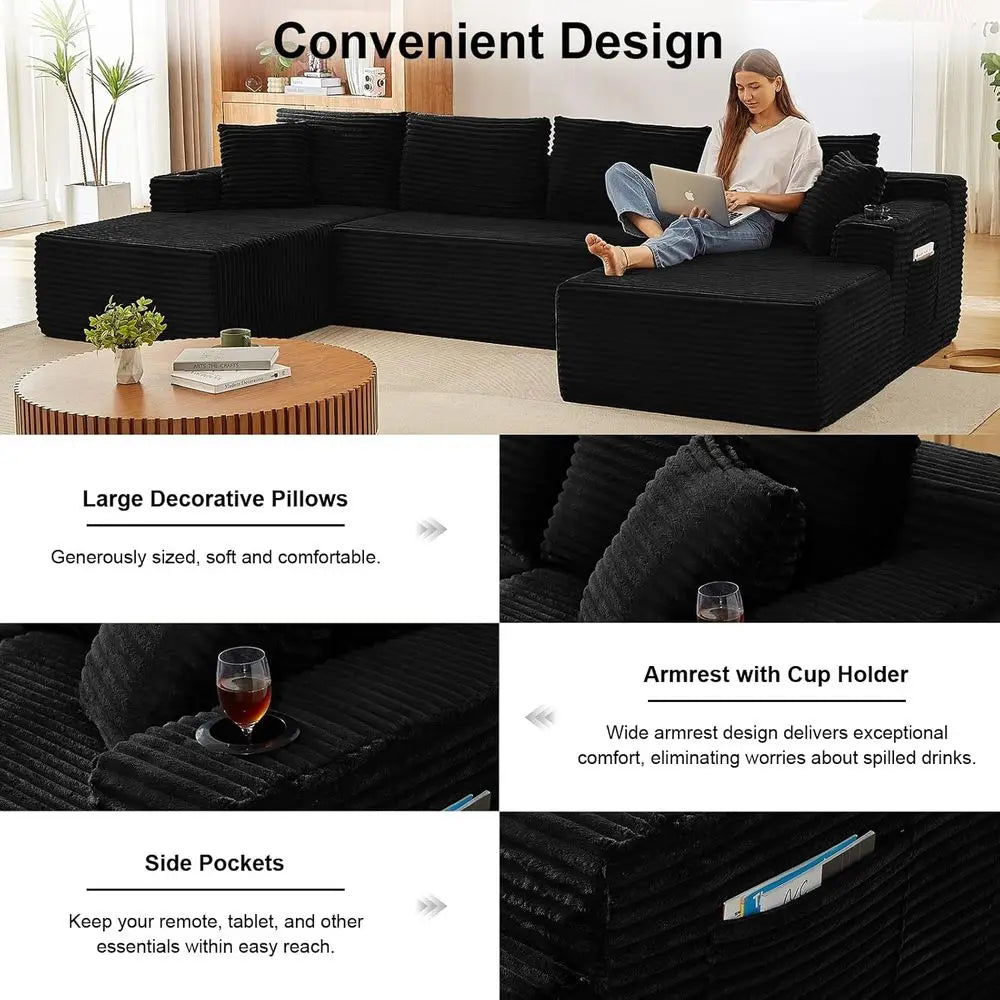 Oversized Chaise Sofa with Cup Holders, Comfortable Corduroy Cloud Couch for Living Room, Easy Assembly, Black
