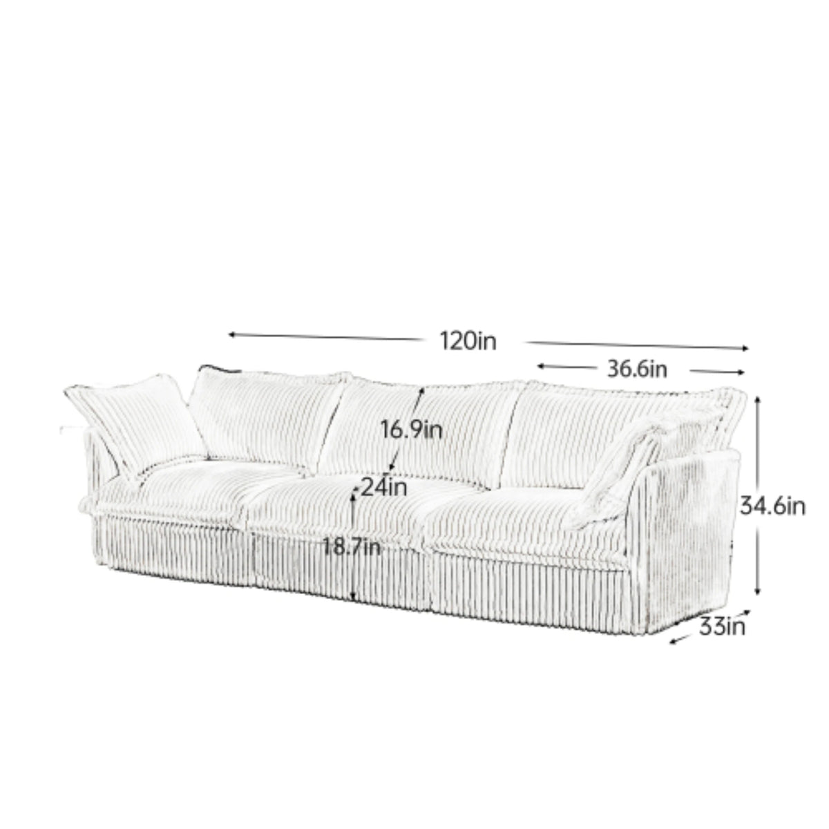Comfortable modern three seater sofa with soft armrests, deep seated sofa with multiple soft large pillows