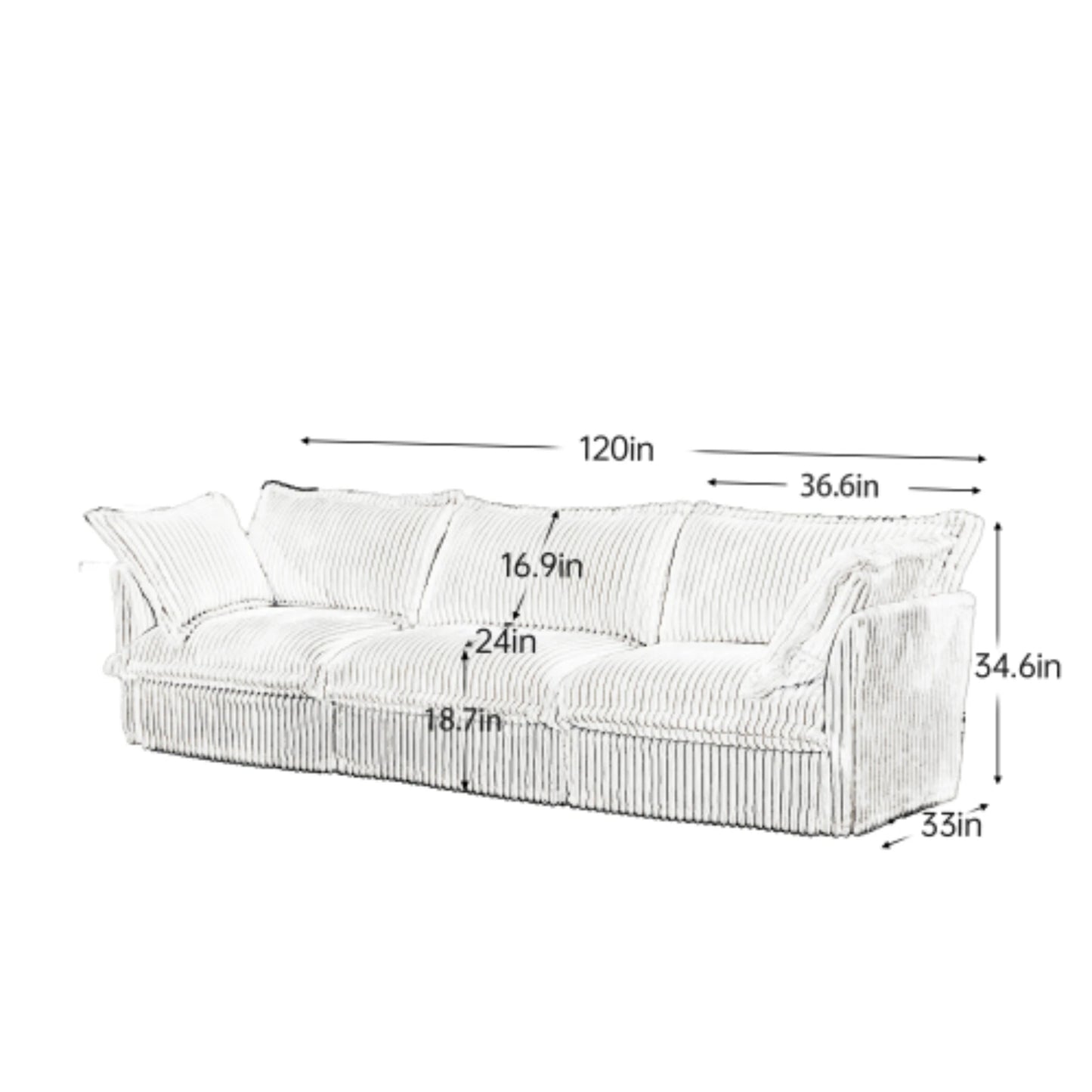 Comfortable modern three seater sofa with soft armrests, deep seated sofa with multiple soft large pillows