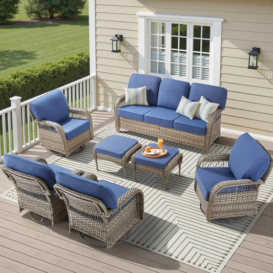 7 Pieces Outdoor Furniture Set with Swivel Chairs, Wicker Swivel Rocker Patio Chairs Set of 4 Outdoor 3 Seater Sofa with Ottoman
